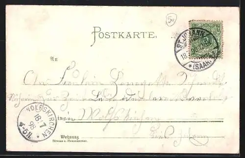 Lithographie St. Johann-Saarbrücken, Bahnhof, Spichernberg, Neue Brücke, Winterberg-Denkmal