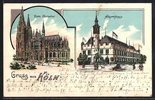 Lithographie Köln, Südseite des Doms und Stapelhaus
