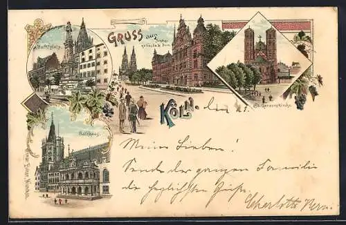 Lithographie Köln, Justizgebäude und Dom, Rathaus, Marktplatz