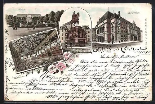 Lithographie Cöln, Stadttheater, Saal im Gürzenich, Denkmal Friedrich Wilhelm III.