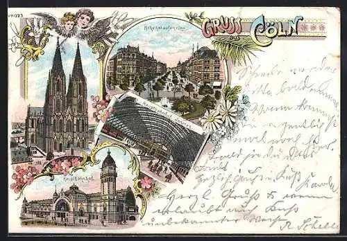 Lithographie Cöln, Hohenstaufenring, Hauptbahnhof Innen- und Aussenansicht, Dom