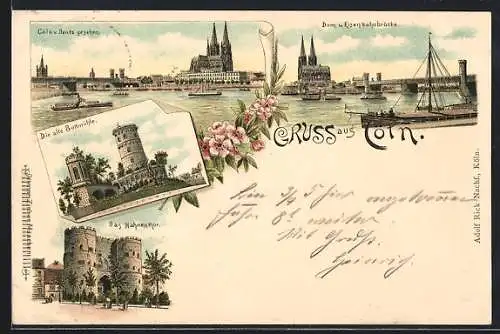 Lithographie Cöln, Alte Bottmühle, Dom und Eisenbahnbrücke, Hahnenthor