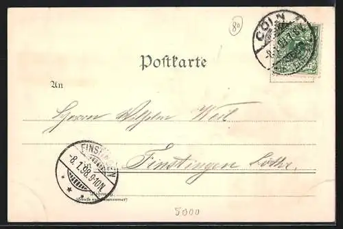 Lithographie Cöln, Alte Bottmühle, Dom und Eisenbahnbrücke, Hahnenthor