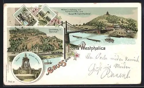 Lithographie Porta Westphalica, Jacobsberg mit Bahnhof, Kettenbrücke, Mindener Bauerntracht, Kaiserdenkmal