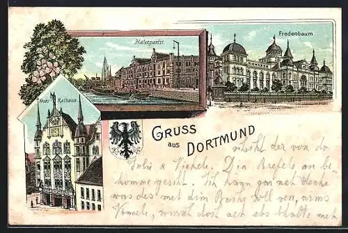 Lithographie Dortmund, Fredenbaum, Hafenpartie, Neues Rathaus