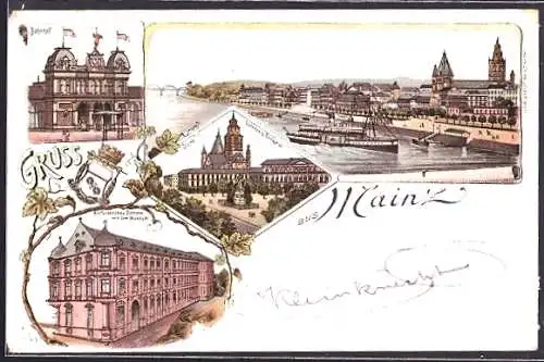 Lithographie Mainz, Dom u. Gutenberg Denkmal, Kurfürstliches Schloss mit dem Museum, Bahnhof