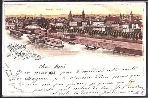 Lithographie Mainz, Stadtansicht mit Fluss und Schiffen