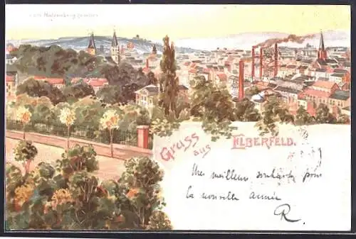 Lithographie Elberfeld, Ortsansicht vom Nützenberg gesehen