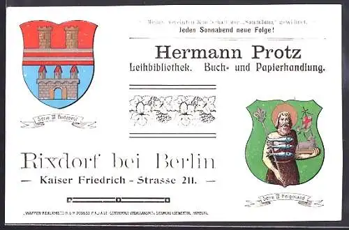 AK Rixdorf bei Berlin, Buch- u. Papierhandlung H. Protz, Kaiser-Friedrich-Str. 211, Wappen Coburg-Gotha u. Montenegro