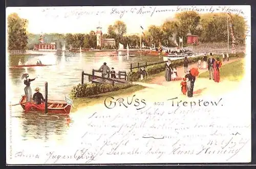 Lithographie Berlin-Treptow, Ausflüge an und auf der Spree mit Dampfer