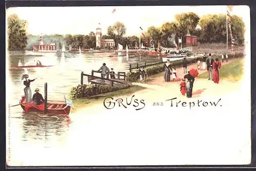 Lithographie Berlin-Treptow, Ausflüge an und auf der Spree mit Dampfer
