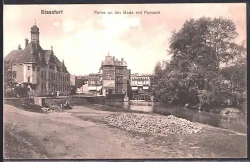 AK Stassfurt, Partie an der Bode mit Postamt