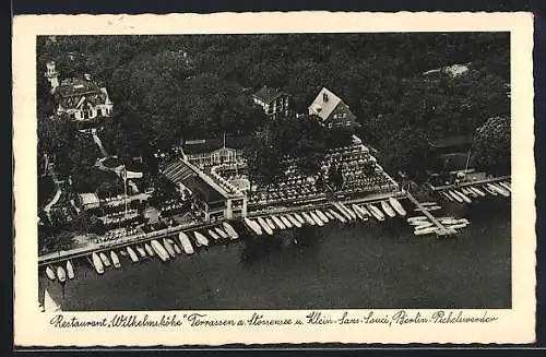 AK Berlin-Pichelswerder, Restaurant Wilhelmshöhe, Terrassen a. Stössensee und Klein-Sans-Souci, Bes. H. Brüder & Söhne