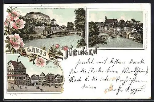 Lithographie Tübingen, Schloss mit Alleenbrücke, Marktplatz