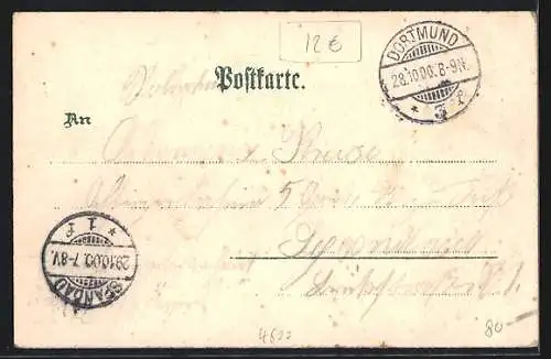 Lithographie Dortmund, Luisen-Tempel im Kaiser Wilhelm Hain, Kaiser Wilhelm Denkmal, Oberpostdirectionsgebäude