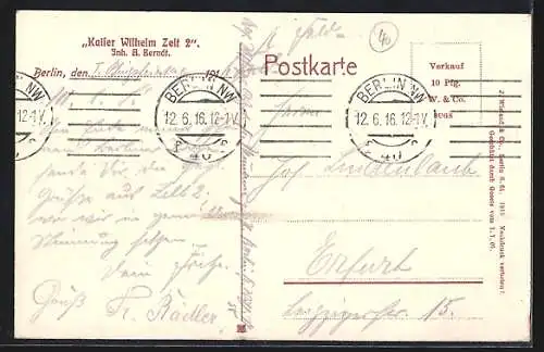 AK Berlin-Tiergarten, Restaurant Kaiser Wilhelm Zelt 2, Inh. A. Berndt