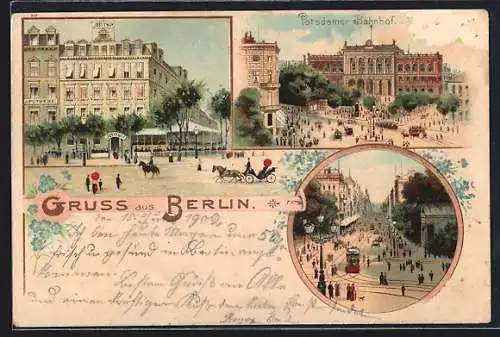 Lithographie Berlin, Potsdamer Bahnhof, Apotheke, Strassenbahn