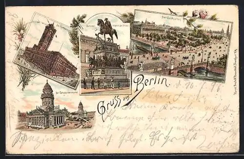 Lithographie Berlin, Gendarmenmarkt, Rathaus, Denkmal Friedrich d. Gr., Lustgarten