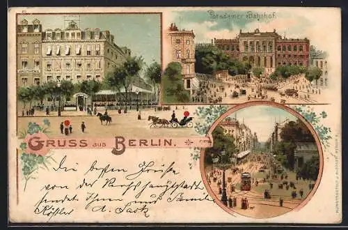 Lithographie Berlin-Tiergarten, Potsdamer Bahnhof, Josty und Co., verschiedene Stadtansichten Strassenbahn