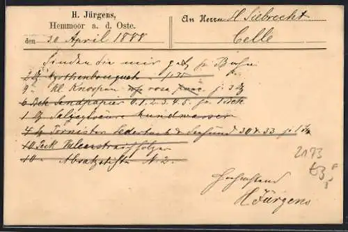 AK Hemmoor a. d. Oste, Korrespondenzkarte von H. Jürgens