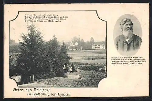 AK Erichsruh am Bentherberg, Ortsansicht mit Baumgruppe und Gedicht
