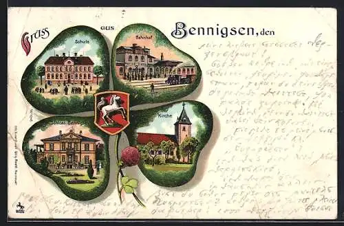 Passepartout-Lithographie Bennigsen, Schloss, Bahnhof, Schule, Kirche, Kleeblatt-Passepartout