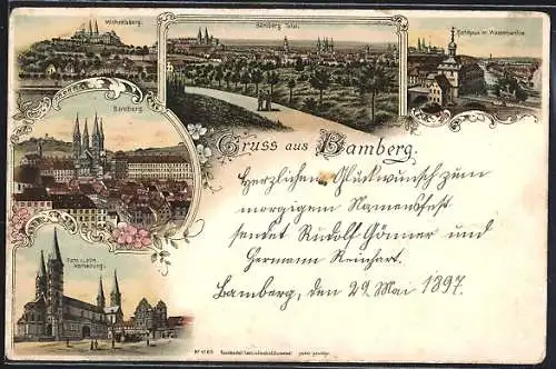 Lithographie Bamberg, Michaelsberg, Rathaus, Dom und alte Hofhaltung