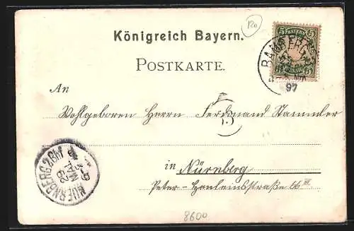 Lithographie Bamberg, Michaelsberg, Rathaus, Dom und alte Hofhaltung