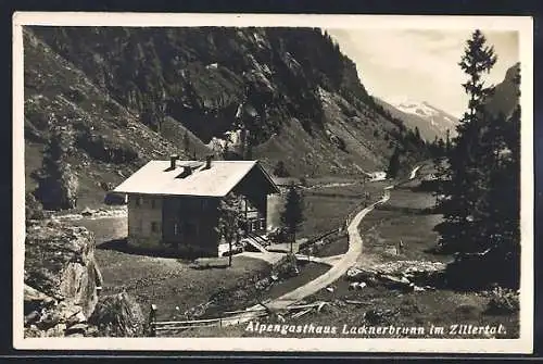 AK Mayrhofen im Zillertal, Gasthaus Lacknerbrunn mit Berglandschaft