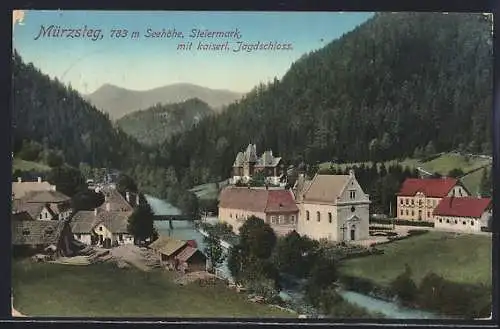 AK Mürzsteg, Gesamtansicht mit kaiserl. Jagdschloss