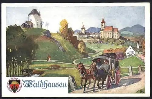 AK Deutscher Schulverein Nr. 284: Waldhausen im Strudengau, Panorama und Kutsche