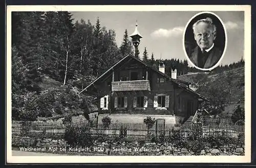 AK Alpl, Blick auf die Waldschule, Portrait von Peter Rosegger