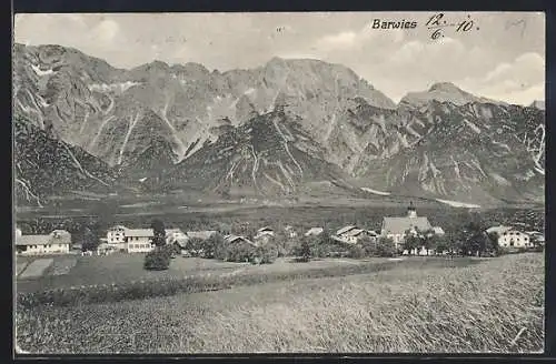 AK Barwies, Ortsansicht mit Blick auf die Alpen