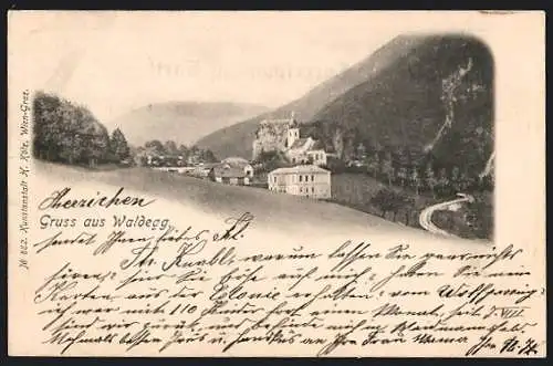 AK Waldegg, Ortsansicht mit Bergen