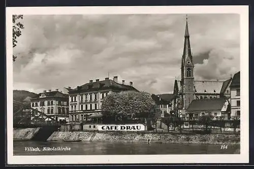 AK Villach, Nikolaikirche, Cafe Drau