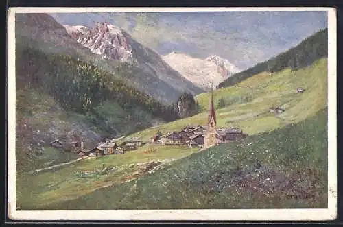 Künstler-AK Lanersbach im Tuxertal, Ortsansicht mit Kirche
