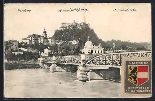 AK Salzburg, Festung Hohen-Salzburg mit Nonnberg und Carolinenbrücke