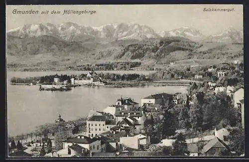 AK Gmunden /Salzkammergut, Ortsansicht mit den Höllengebirge