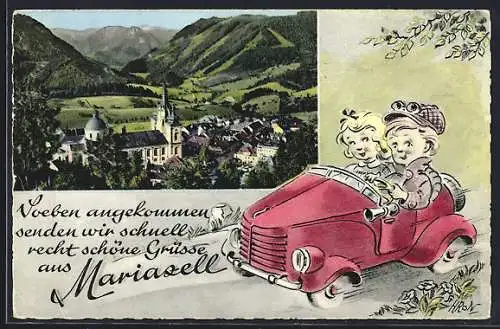 AK Mariazell, Ortsansicht mit Umgebung, Kleines Paar im Auto