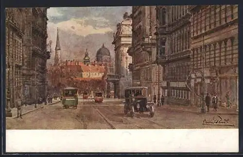 Künstler-AK Wien I, Stadiongasse, Strassenbahn und Automobile