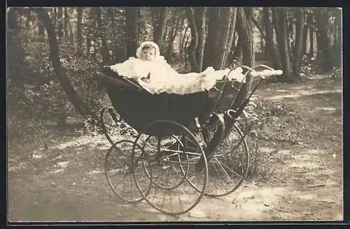 Foto-AK Kleinkind im Kinderwagen im Wald
