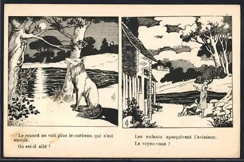 AK Suchbilder mit einer Krähe und einem Flieger, optische Täuschung