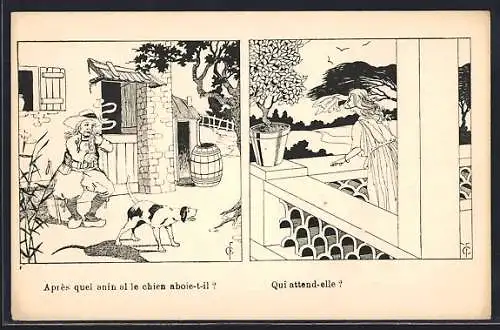 AK Suchbilder, bellender Hund, winkende Frau, optische Täuschung