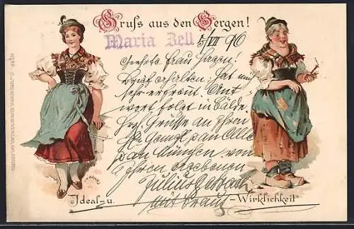 AK Zwei Damen in Tracht, das Ideal und die Realität