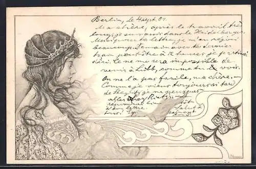 AK Junge Frau mit Kopfschmuck im Jugendstil