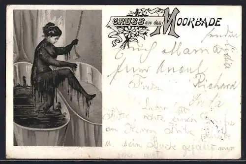 Lithographie Dame steigt nackt vom Moorbad ins Wasserbad hinüber