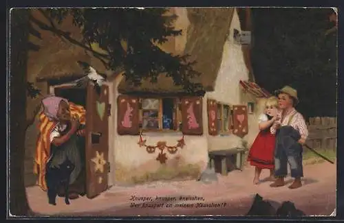 Künstler-AK Paul Hey: Hänsel und Gretel am Lebkuchenhaus der Hexe