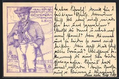 AK Bauernabend in der Götterdämmerung 1907, Alter Mann mit Pfeife