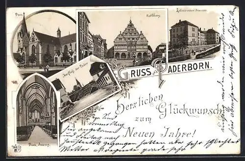 Lithographie Paderborn, Lehrerinnen-Seminar, Rathaus, Dom mit Innenansicht, Ausfluss der Pader