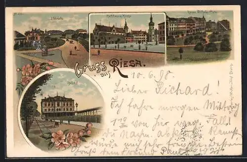 Lithographie Riesa, Rathaus mit Kirche, Kaiser Wilhelm-Platz, Bahnhof